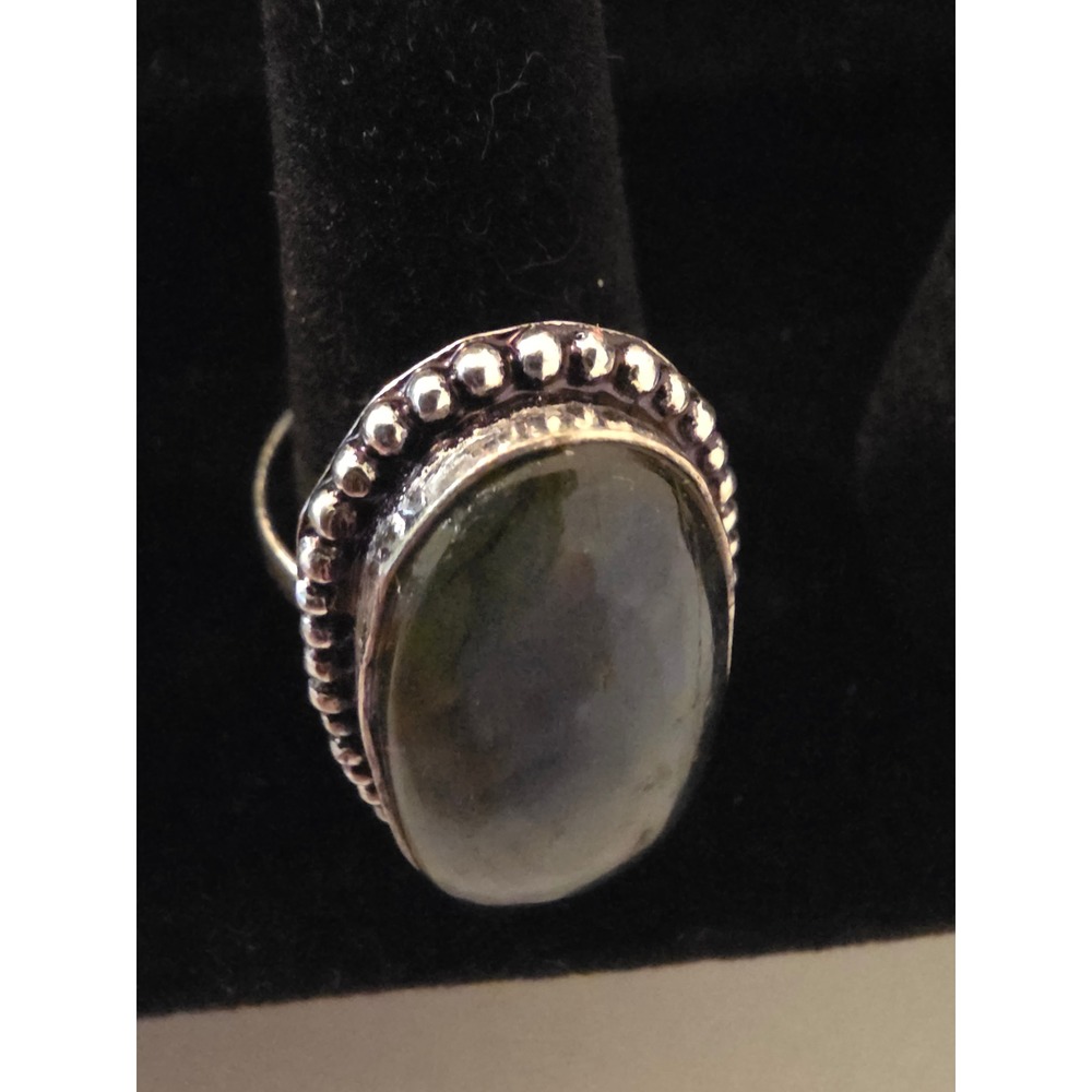 Sterling Silver 925 Moss Agate Oval Cabochon Beaded Statement Ring Size 8.5